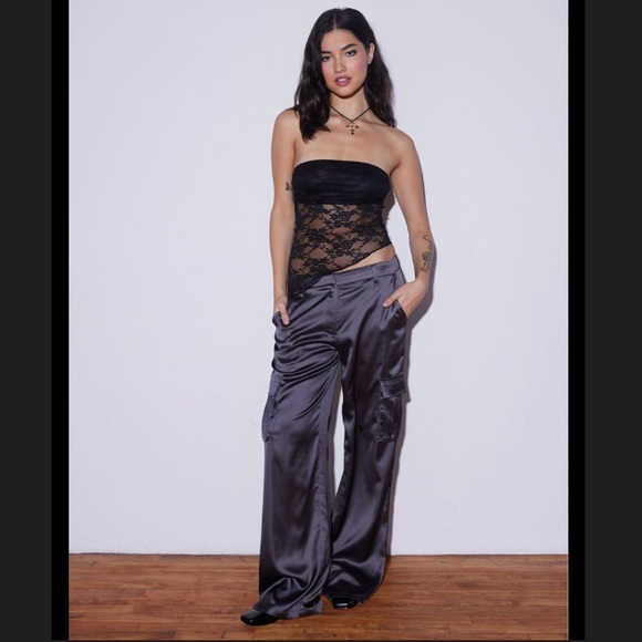 West Of Melrose Pants - Wide Leg Satin Cargo Pants in Charcoal Gray